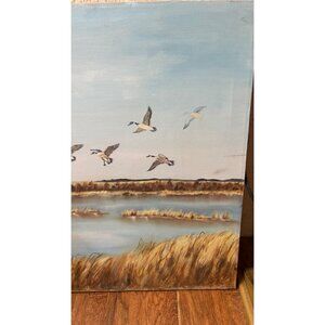 Vintage Oil Painting Of Geese In Flight Over Marshland Landscape canvas READ
